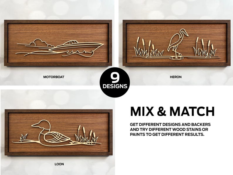 May include: Nine different wood wall art designs featuring a motorboat, heron, loon, and more. The designs are laser cut and ready to be stained or painted. Mix and match to create a unique look for your home.