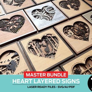 Puede incluir: Una colección de letreros de madera cortados con láser en forma de corazón con intrincados diseños en capas. Los letreros presentan varios temas, incluyendo patrones florales, engranajes y escenas de la naturaleza. El texto "MASTER BUNDLE HEART LAYERED SIGNS" es visible.