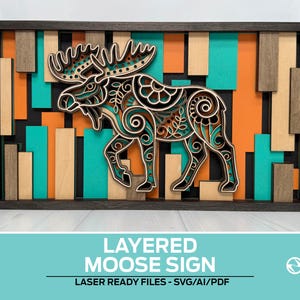 May include: A layered moose sign featuring a detailed moose silhouette in a dark frame. The moose is intricately designed with floral patterns and layered wood. The background has teal, orange, and natural wood blocks. Text at the bottom reads "LAYERED MOOSE SIGN".