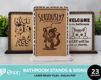 Suporte e placas divertidas para banheiro - 25 modelos - Arquivos prontos para laser - Compatível com todos os lasers