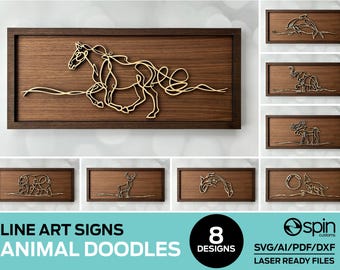 Puede incluir: Ocho diseños de animales de doodle de línea para corte por láser. Los diseños incluyen un caballo, un ciervo, un oso, un pez, un elefante, un alce y otros dos animales. Los diseños se muestran sobre un fondo de madera.