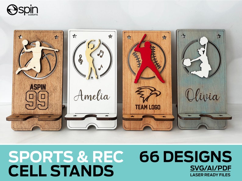 Sports and Recreation Cell Phone Stands 66 Designs Laser Ready File Glowforge and Lightburn Tested image 1