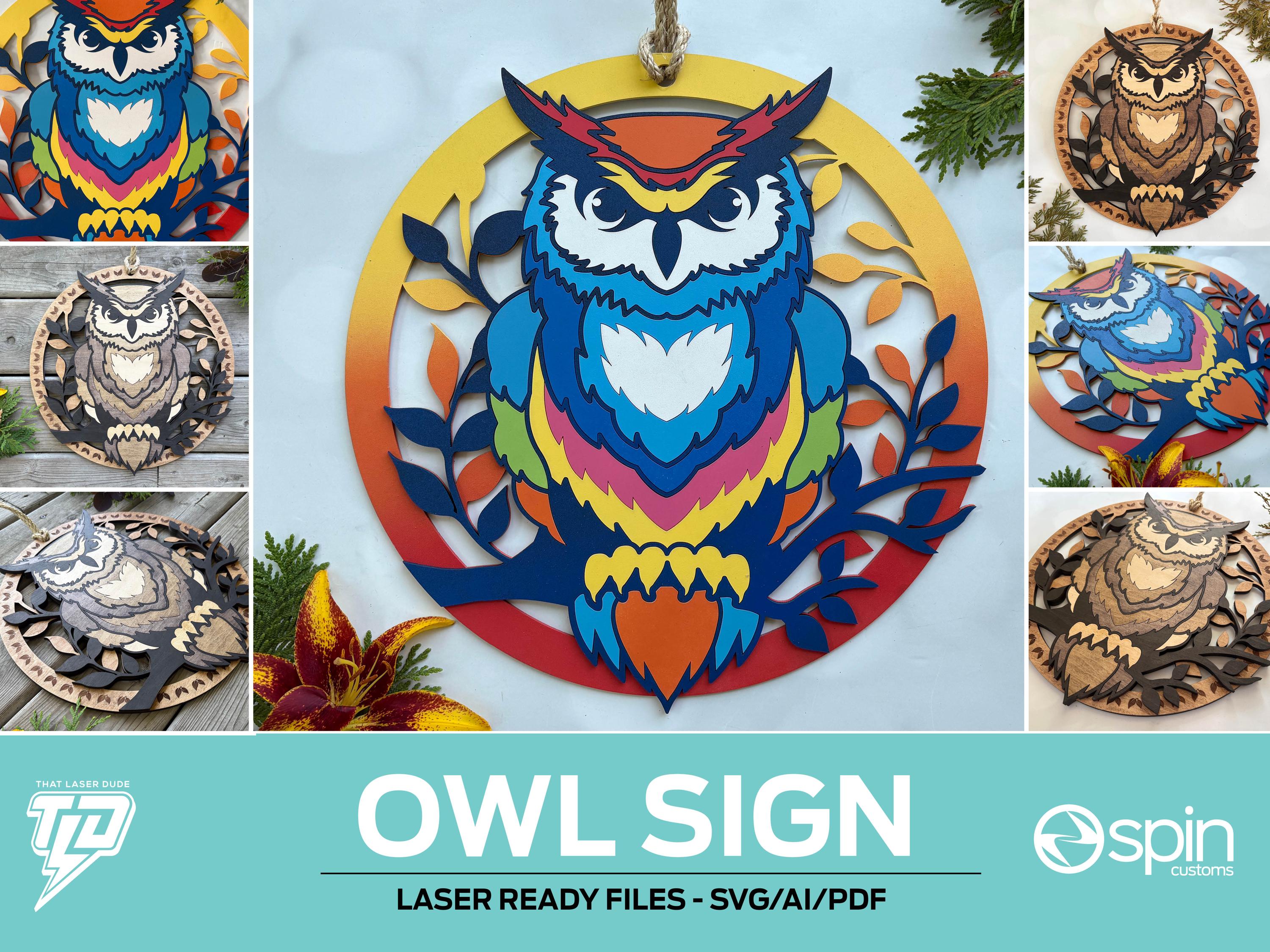 Owl Sign - Layered - Coloring Book Style - Easy Finishing - For all Lasers