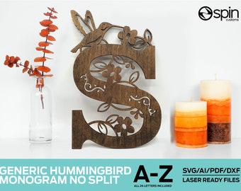 Generic Hummingbird Monogram - No Split Version - Laser Ready File - Glowforge and All Laser Cutters - svg - ai - dxf - pdf