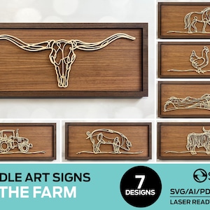 Puede incluir: Siete letreros de madera cortados con láser con diseños de doodle de animales y objetos de granja. Los letreros presentan una vaca, un cerdo, una gallina, un tractor, un caballo y un campo. Los letreros están etiquetados como "Doodle Art Signs On The Farm" y "7 Designs".