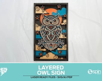 Placa de coruja em camadas - Arquivo pronto para corte a laser - Compatível com todos os tipos de laser