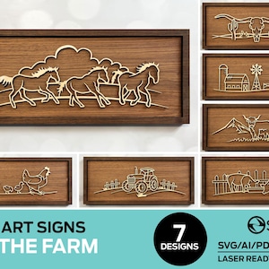 May include: Seven line art designs for laser cutting, featuring farm animals and scenes. The designs include horses, cows, chickens, a tractor, and a farmhouse. The designs are in a rustic brown wood frame.