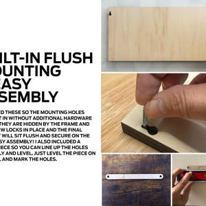 May include: A close-up of a wooden shelf with pre-drilled holes for easy mounting. The text "BUILT-IN FLUSH MOUNTING & EASY ASSEMBLY" is visible in the image. The image shows how to install the shelf using a level and screws.
