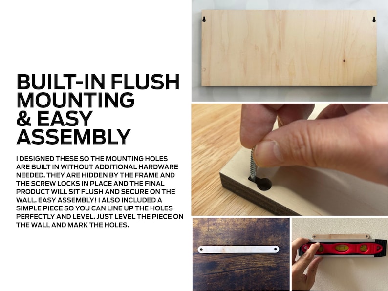 May include: A close-up of a wooden shelf with pre-drilled holes for easy mounting. The text "BUILT-IN FLUSH MOUNTING & EASY ASSEMBLY" is visible in the image. The image shows how to install the shelf using a level and screws.