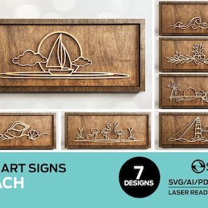 May include: Seven laser-cut wood signs with beach-themed line art designs. The designs include a sailboat, seashells, a lighthouse, palm trees, flamingos, a pineapple, and ocean waves.