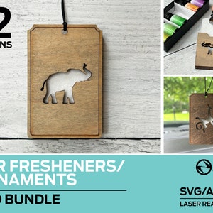 Op de afbeelding: Een set van 12 lasergesneden houten autoluchtverfrissers of ornamenten met verschillende dieren uit de dierentuin. De ontwerpen omvatten een olifant, een giraffe en andere dieren. De SVG-, AI- en PDF-bestanden zijn laserklaar.