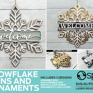 Snowflake Signs & Ornaments - Includes Assemble Version  - Laser Cut Files - 2 Designs - Glowforge and Lightburn Tested