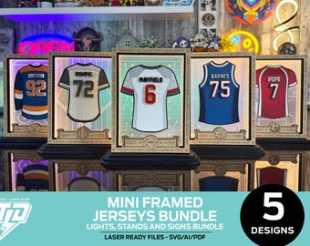 Bundle of 5 Personalized Mini Framed Sports Jerseys - Lights, Stands and Signs - Laser Ready Files - All Lasers