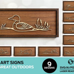 May include: Nine line art designs of outdoor scenes, including a duck, a canoe, a boat, a heron, and a person fishing. The designs are laser-ready files and are available in SVG, AI, PDF, and DXF formats.  "Line Art Signs The Great Outdoors" is written at the bottom of the image.