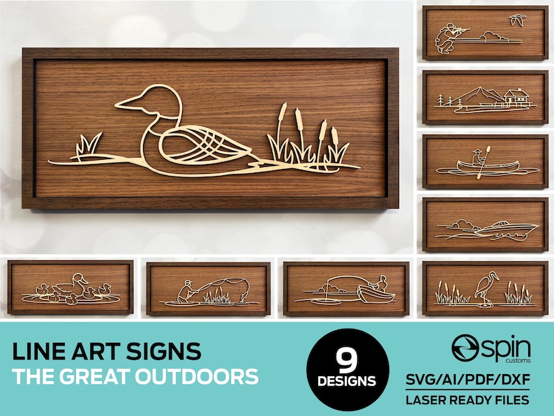 May include: Nine line art designs of outdoor scenes, including a duck, a canoe, a boat, a heron, and a person fishing. The designs are laser-ready files and are available in SVG, AI, PDF, and DXF formats.  "Line Art Signs The Great Outdoors" is written at the bottom of the image.