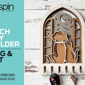 Hond en kat in raamboog Sleutelhanger of -decor - laserklaar bestand - Glowforge en alle lasers