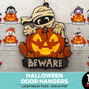 May include: A collection of 10 Halloween-themed door hanger designs featuring cartoon characters like a mummy, vampire, and skeleton, each holding a jack-o'-lantern. Text includes phrases like BEWARE, CREEP IT REAL, and IT'S ALIVE, with autumn leaves.