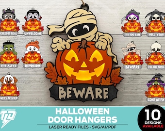 Halloween Door Hangers (With and Without Lights)- 10 Designs- Laser Cut Files - For all Lasers