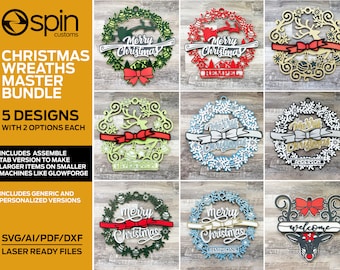 May include: A set of five Christmas wreath designs, each with two options, including a generic and personalized version. The wreaths feature a variety of designs, including a reindeer, snowflakes, and a welcome sign. The designs are available in SVG, AI, PDF, and DXF formats, making them laser-ready files.