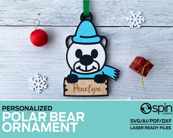 POLAR BEAR Christmas Ornament - Personalizable - Laser ready file - Glowforge and other lasers