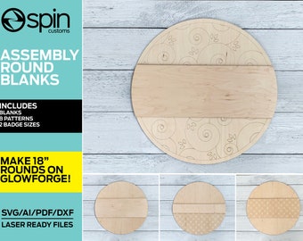 May include: A set of 18-inch round wood blanks for crafting. The blanks are made of natural wood and have a smooth finish. The set includes 8 different patterns, including a swirl design, a geometric pattern, and a plain blank. The blanks are laser-ready and can be used to create a variety of projects, such as signs, ornaments, and coasters.  Make 18" rounds on Glowforge! SVG/AI/PDF/DXF Laser Ready Files
