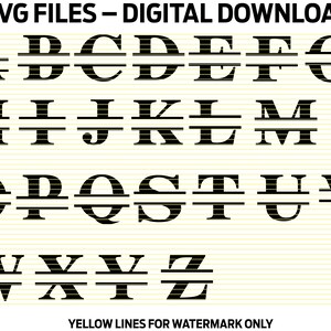 Może przedstawiać: Pliki SVG dla czcionki split monogram. Litery od A do Z są pokazane w kolorze czarnym z poziomą linią w środku każdej litery. Litery znajdują się na białym tle z żółtymi liniami.