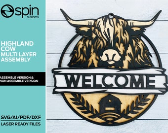 Multi-Layer Assemble and Non Assemble Highland Cow Sign - Laser Cut File