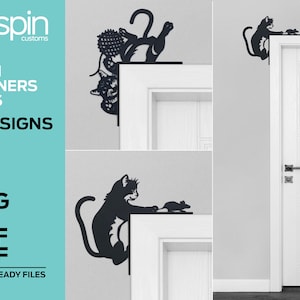 May include: Two black metal cat silhouettes, one chasing a mouse, the other with a ball of yarn.  The silhouettes are mounted on a white door frame.  The text "TRIM CORNERS CATS 2 DESIGNS SVG AI DXF PDF LASER READY FILES" is displayed on a teal background.