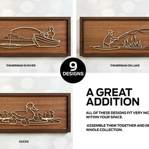 May include: A set of nine wood wall art designs featuring a fisherman in a river, a fisherman on a lake, and ducks. The designs are all in a minimalist style with a light wood background and white lines.