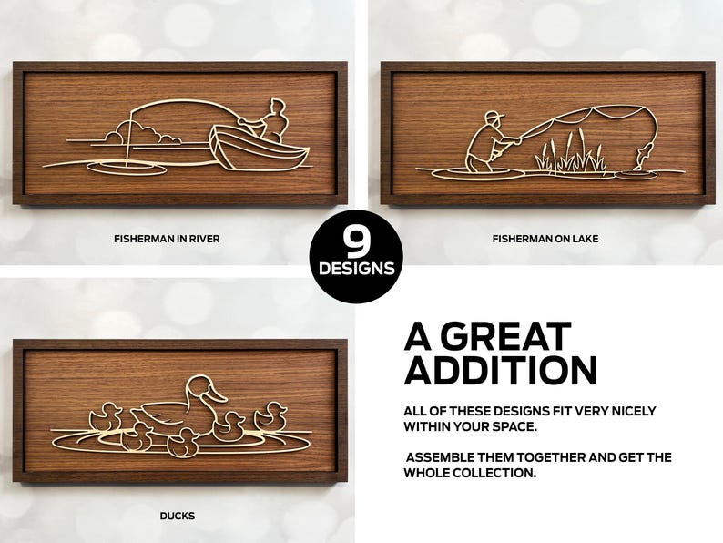 May include: A set of nine wood wall art designs featuring a fisherman in a river, a fisherman on a lake, and ducks. The designs are all in a minimalist style with a light wood background and white lines.
