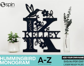 Hummingbird Split Letter  Monogram - Laser Ready File - Glowforge and All Laser Cutters - svg - ai - dxf - pdf