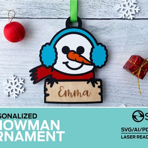 SNOWMAN Christmas Ornament - Personalizable - Laser ready file - Glowforge and other lasers
