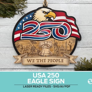Op de afbeelding: Een houten USA 250 Eagle Sign met een patriottisch ontwerp. Het bord toont een adelaar, de Amerikaanse vlag en de tekst "250" in rood, wit en blauw. Het bord bevat ook de tekst "WE THE PEOPLE".