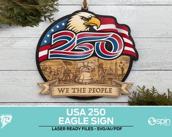 Placa comemorativa do 250º aniversário da águia americana - Arquivo para corte a laser compatível com todas as máquinas de corte a laser.