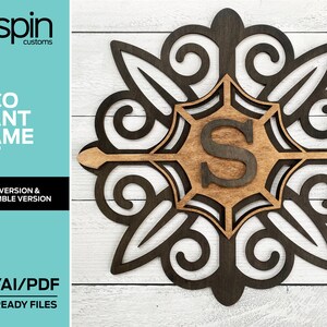 May include: A laser cut wooden plant frame with a decorative design and the letter "S" in the center. The frame is brown and has a white background. The image includes the text "DECO PLANT FRAME SET, ASSEMBLE VERSION & NON ASSEMBLE VERSION, SVG/AI/PDF LASER READY FILES".