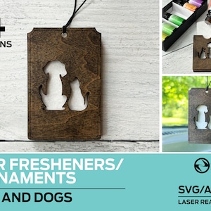 May include: Four designs of laser cut wooden car fresheners or ornaments featuring a cat and dog silhouette. The designs are laser ready files for SVG, AI, and PDF.