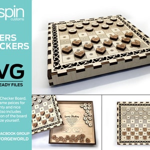 May include: A wooden checkerboard game with a heart-shaped border and a set of wooden checkers with hearts and messages on them. The game is called "Lovers Checkers" and is 7.25 inches by 7.25 inches.