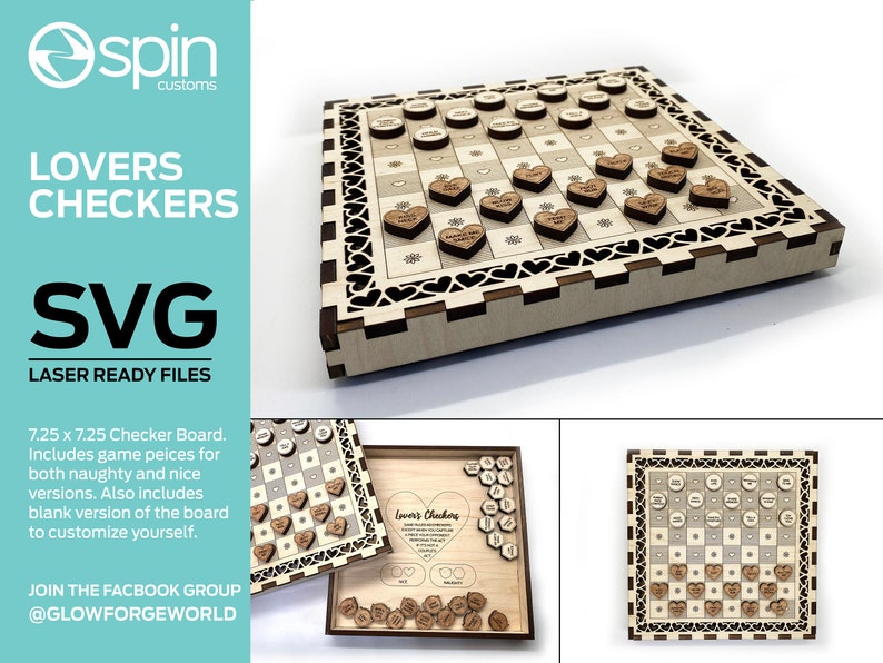 May include: A wooden checkerboard game with a heart-shaped border and a set of wooden checkers with hearts and messages on them. The game is called "Lovers Checkers" and is 7.25 inches by 7.25 inches.