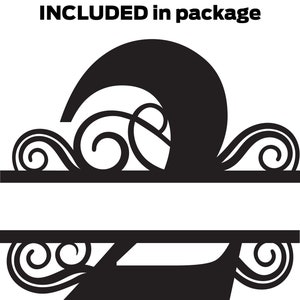 May include: Black and white split monogram design with a decorative flourish. Numbers 0-9 are included in the package.