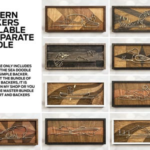 May include: A set of nine wood-framed wall art pieces with wire designs of various scenes, including a boat, a bird, and a house. The frames are all different colors and have a rustic look. The text "PATTERN BACKERS AVAILABLE IN SEPARATE BUNDLE" is visible in the image.