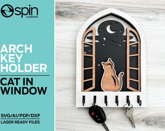 Cat in Window Arch Key Hanger or Decor - Laser Ready file - Glowforge and All Lasers