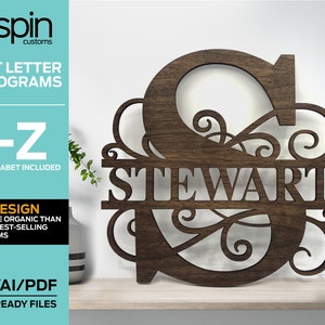 May include: A wooden sign with the name "STEWART" cut out in the center of a large, ornate letter "S". The sign is made of dark brown wood and has a rustic, farmhouse style.