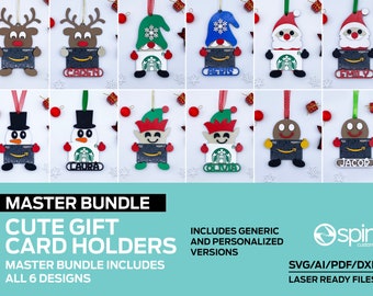 Könnte beinhalten: Ein Set mit sechs weihnachtlichen Geschenkkartenhaltern, die jeweils einen anderen Charakter zeigen: ein Rentier, ein Gnom, einen Schneemann, einen Elf und eine Lebkuchenfigur. Die Halter sind lasergeschnitten und können mit Namen personalisiert werden. Der Text auf dem Bild lautet: "Master Bundle Cute Gift Card Holders Master Bundle Includes All 6 Designs Includes Generic and Personalized Versions Ospin Customs SVG/AI/PDF/DXF Laser Ready Files".