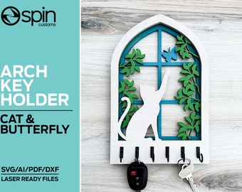 Cat and Butterfly Arch Key Hanger or Decor - Laser Ready file - Glowforge and All Lasers