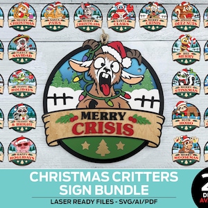 May include: A collection of 24 circular wooden Christmas ornaments featuring cartoon animals with holiday themes. The central ornament shows a goat tangled in Christmas lights with the text Merry Crisis. Each design includes festive puns.