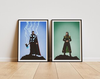 Thor & Loki Minimalist Poster Set | Marvel Wall Art | A5 A4 A3 Prints | Norse Duo Illustration | Modern Superhero Decor