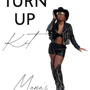 May include: A birthday party invitation with the text "Turn Up Kit Maya's 25th Birthday" and a photo of a person wearing a black leather jacket, black shorts, and black cowboy boots.