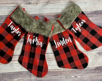 Personalized Buffalo Check Plaid Red and Black Christmas Stockings Faux Fur Trim