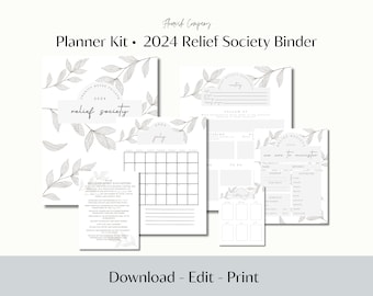 Op de afbeelding: Een plannerkit met een 2024 Relief Society-map. De kit bevat verschillende pagina's met bloemige bladmotieven en de woorden "Relief Society" en "2024". De tekst "Download - Edit - Print" staat onderaan.