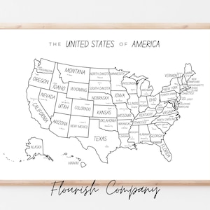 Karte der Vereinigten Staaten von Amerika, druckbare US-Karte, Lernposter, Kinderlernen zum Ausdrucken, Verkaufskarte, heruntergeladene Wandkunst